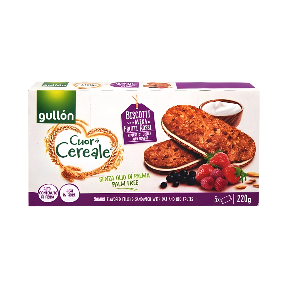 بيسکويت غلات سبوس دار با جو دوسر و ميوه قرمز گالون 220 گرم Gullon مدل Sandwich Yogurt Red Fruit